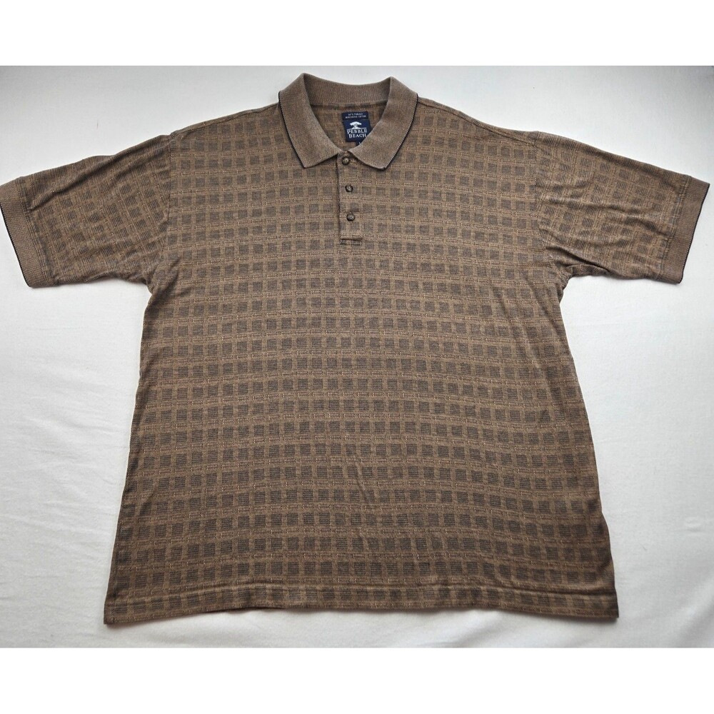 Pebble Beach Mens L Brown Geometric Golf Polo 2 Ply Mercerized Cotton Textured